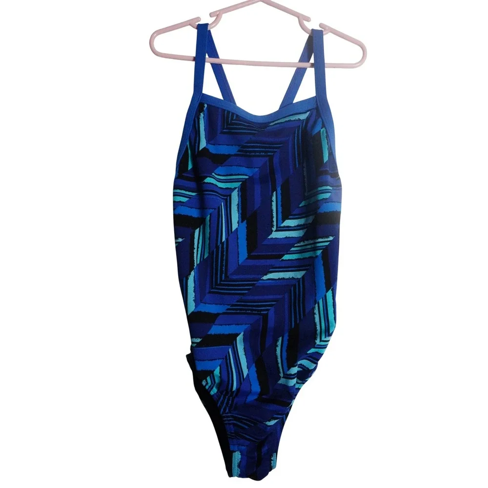 Speedo Swimsuit Size 12/28 Geometric Chevron Blue Endurance+ One Piece